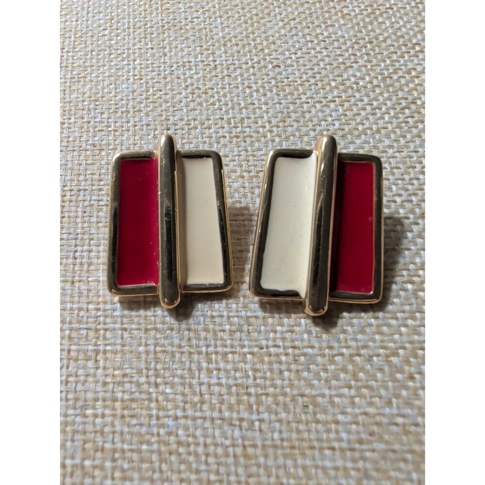 Vintage goldtoned pierced earrings with cream and red enamel
